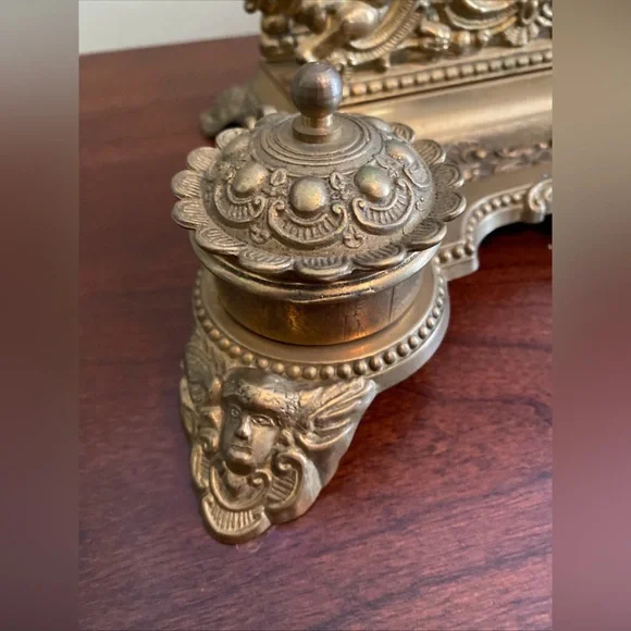 Vintage Solid Brass Cherub Letter Holder Inkwell Grand Decorative Desk Accessory - Picture 6 of 12
